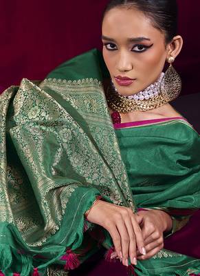 Dark green satin linen handloom weaving silk blend saree 4