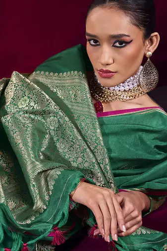Dark green satin linen handloom weaving silk blend saree