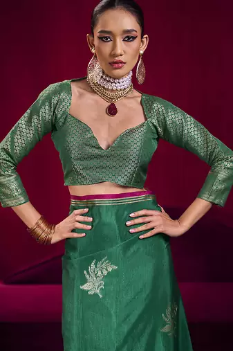 Dark green satin linen handloom weaving silk blend saree