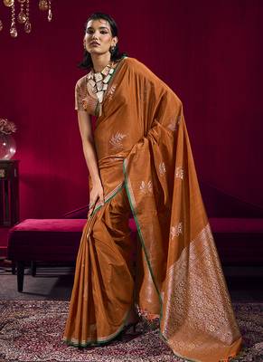 Rust satin linen handloom weaving silk blend saree 1