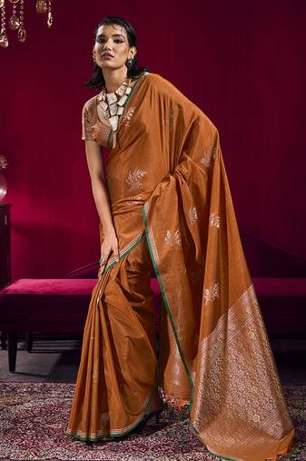Rust satin linen handloom weaving silk blend saree