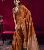 Rust satin linen handloom weaving silk blend saree