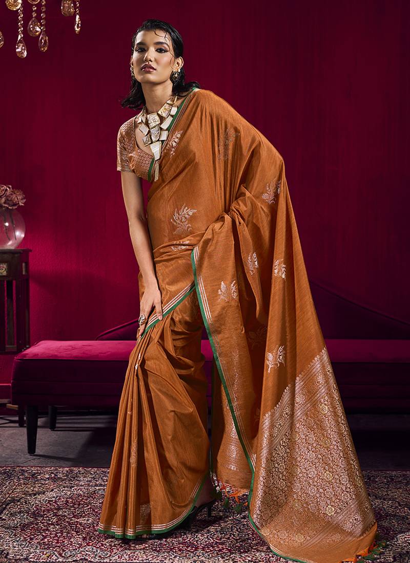 Rust satin linen handloom weaving silk blend saree