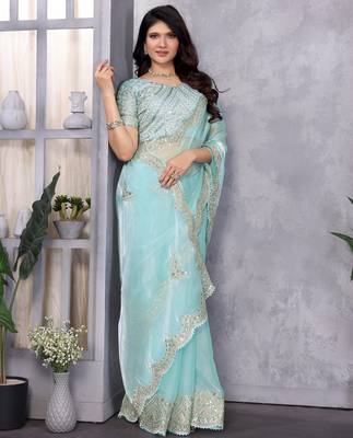 Sky blue shimmer chiffon embroidery saree with unstitched blouse piece 2