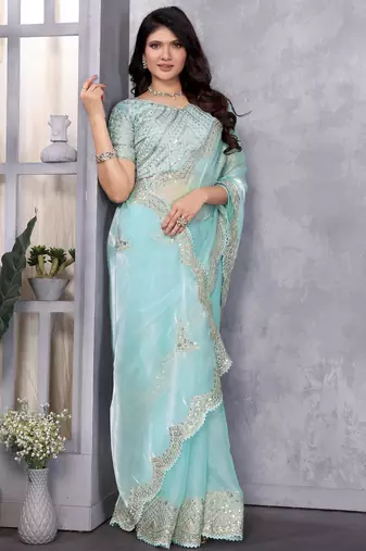 Sky blue shimmer chiffon embroidery saree with unstitched blouse piece