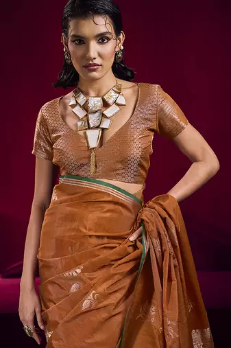 Rust satin linen handloom weaving silk blend saree