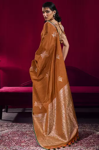 Rust satin linen handloom weaving silk blend saree