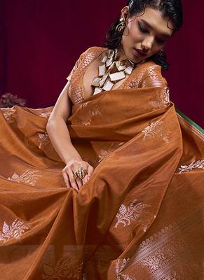 Rust satin linen handloom weaving silk blend saree 4
