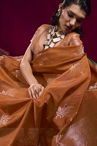 Rust satin linen handloom weaving silk blend saree