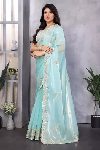 Sky blue shimmer chiffon embroidery saree with unstitched blouse piece