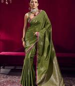 Mehendi green satin linen handloom weaving silk blend saree
