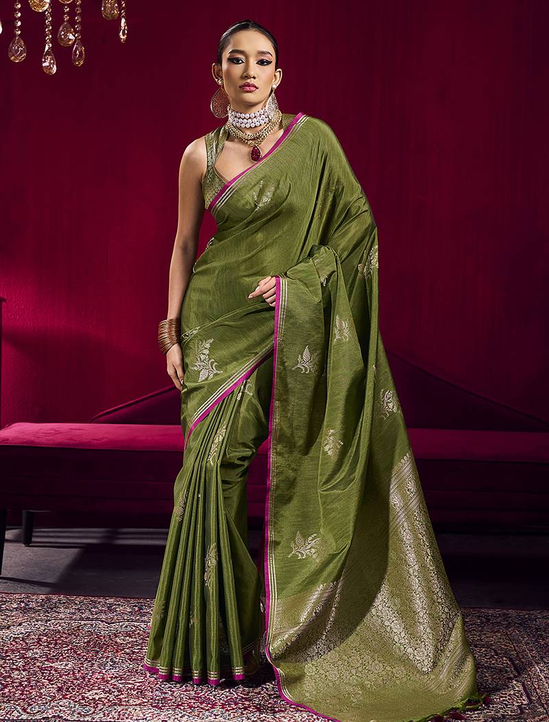 Mehendi green satin linen handloom weaving silk blend saree