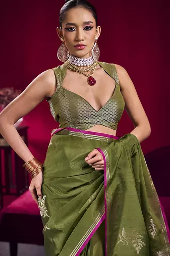 Mehendi green satin linen handloom weaving silk blend saree