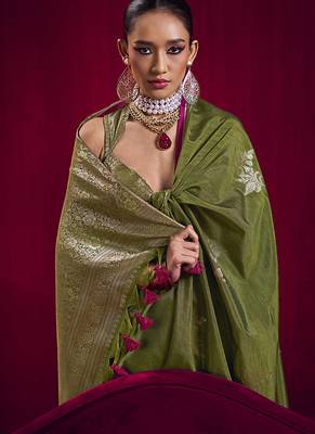 Mehendi green satin linen handloom weaving silk blend saree 3