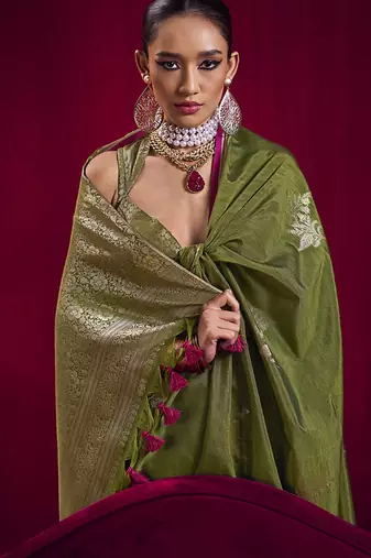 Mehendi green satin linen handloom weaving silk blend saree