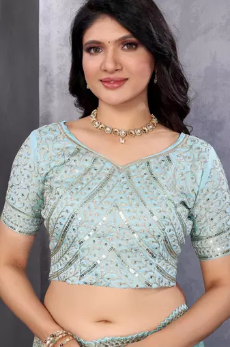 Sky blue shimmer chiffon embroidery saree with unstitched blouse piece