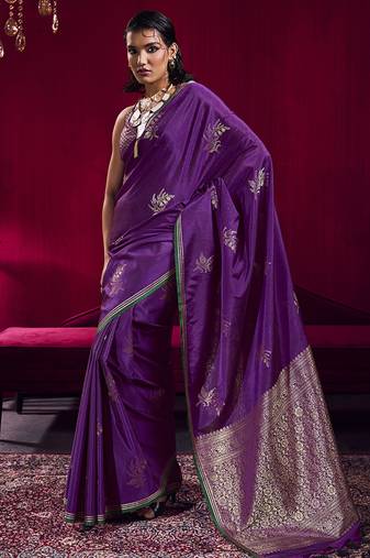 Purple satin linen handloom weaving silk blend saree