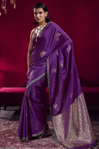 Purple satin linen handloom weaving silk blend saree