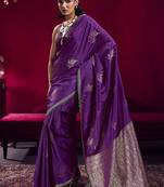 Purple satin linen handloom weaving silk blend saree