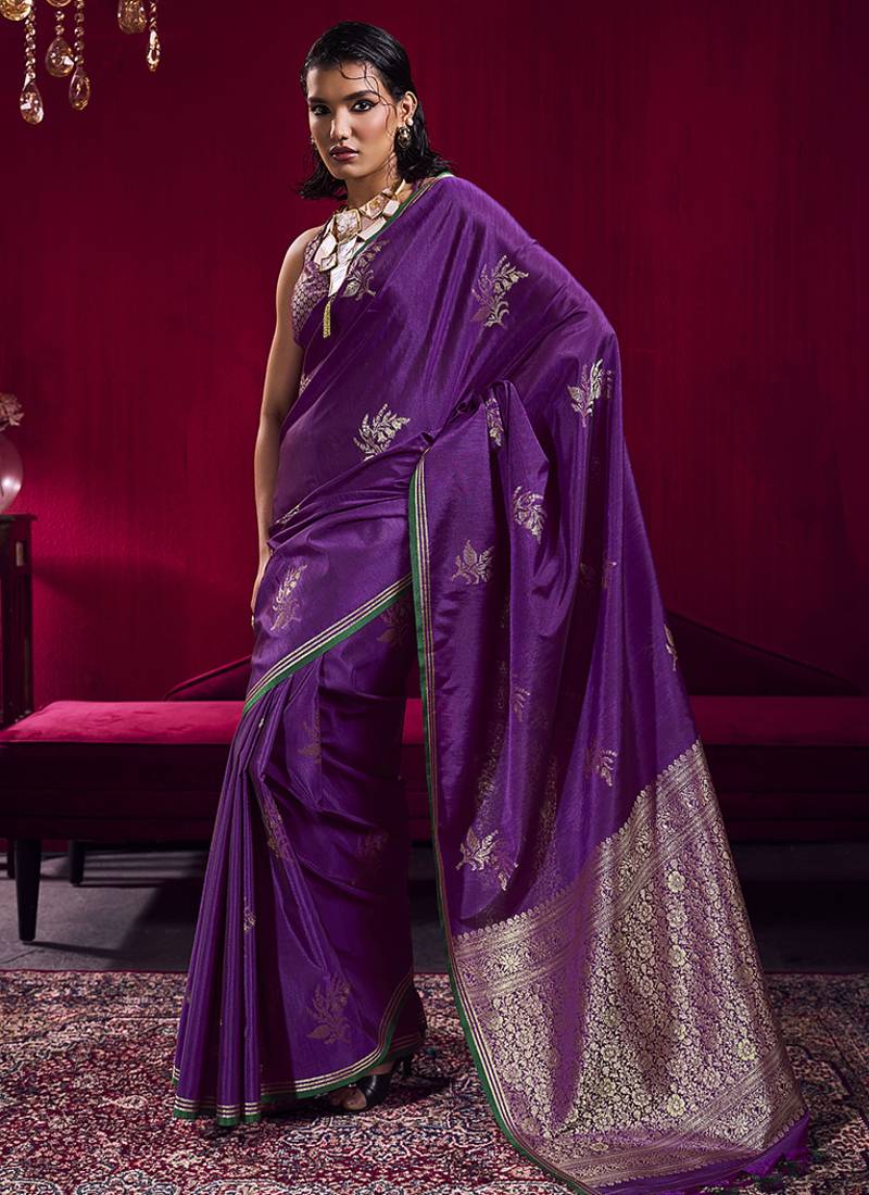 Purple satin linen handloom weaving silk blend saree