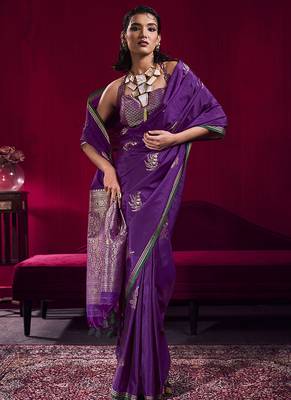 Purple satin linen handloom weaving silk blend saree 2