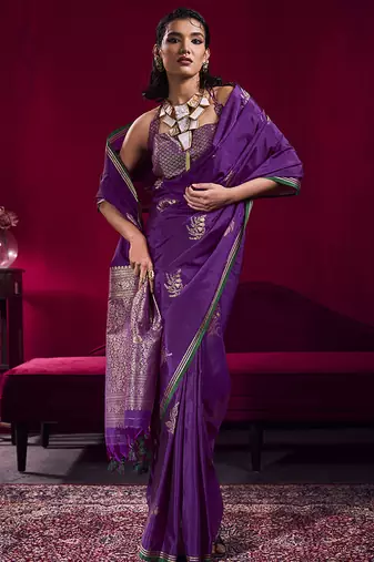 Purple satin linen handloom weaving silk blend saree