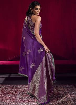Purple satin linen handloom weaving silk blend saree 3