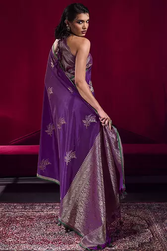 Purple satin linen handloom weaving silk blend saree
