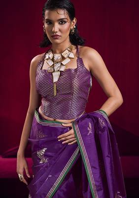 Purple satin linen handloom weaving silk blend saree 4