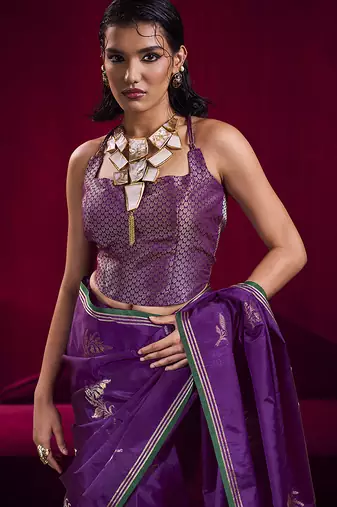 Purple satin linen handloom weaving silk blend saree