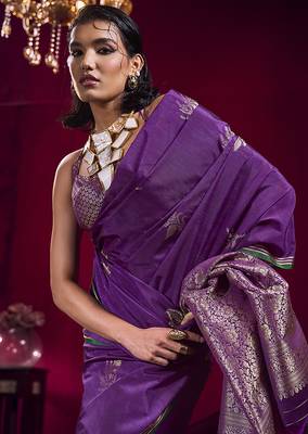 Purple satin linen handloom weaving silk blend saree 5