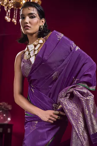 Purple satin linen handloom weaving silk blend saree