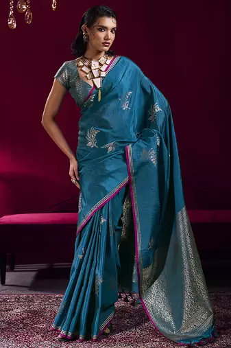 Teal blue satin linen handloom weaving silk blend saree