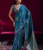 Teal blue satin linen handloom weaving silk blend saree