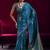 Teal blue satin linen handloom weaving silk blend saree