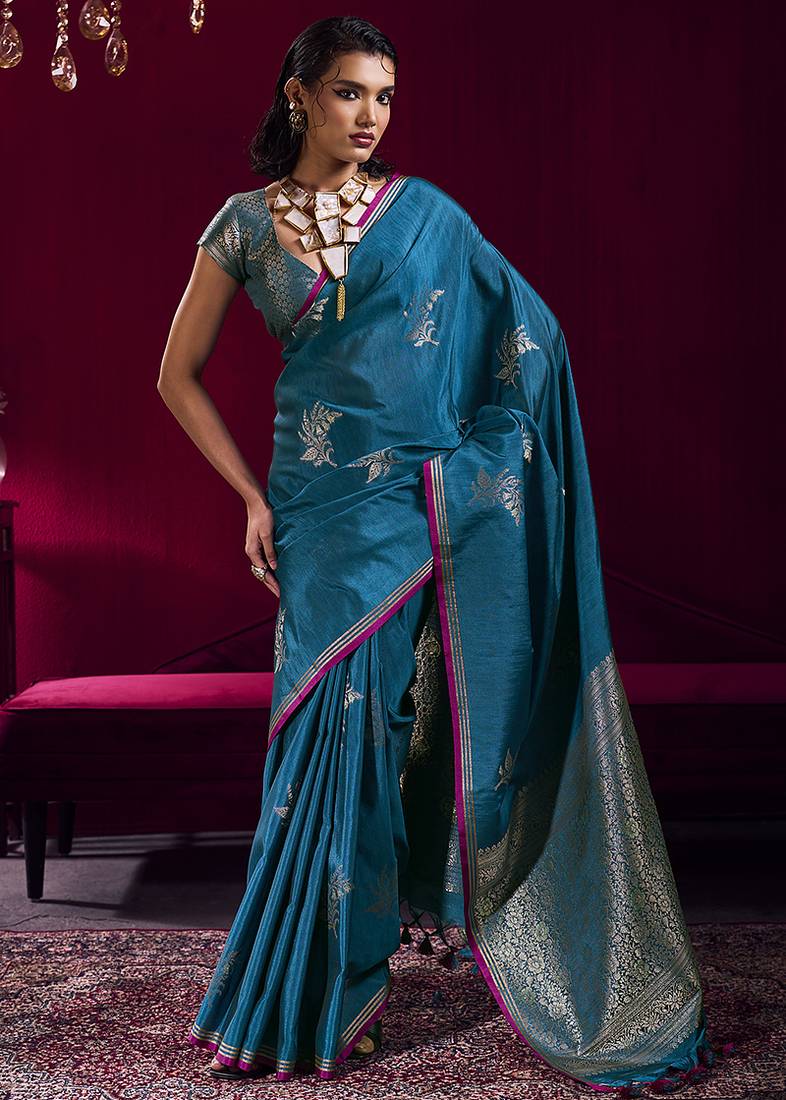 Teal blue satin linen handloom weaving silk blend saree
