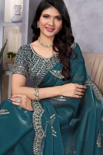 Rama shimmer chiffon embroidery saree with unstitched blouse piece