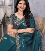 Rama shimmer chiffon embroidery saree with unstitched blouse piece