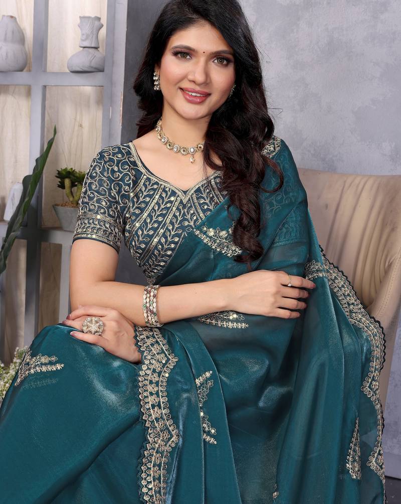 Rama soft shimmer chiffon embroidery work designer party wear festive saree with unstitched blouse piece