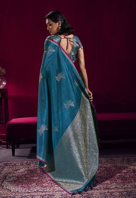 Teal blue satin linen handloom weaving silk blend saree 2