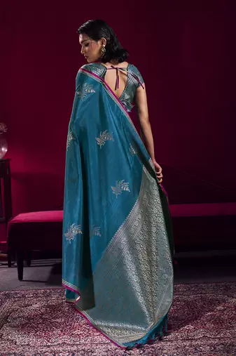 Teal blue satin linen handloom weaving silk blend saree