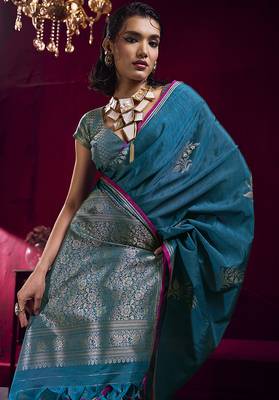 Teal blue satin linen handloom weaving silk blend saree 3