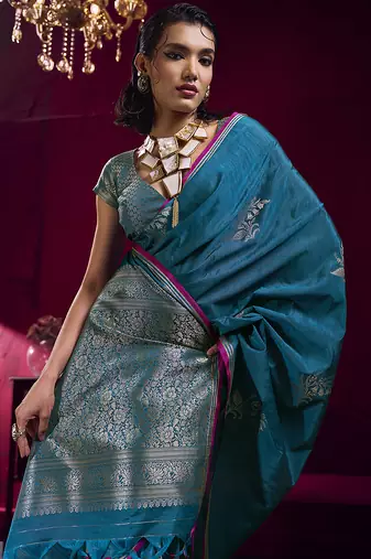 Teal blue satin linen handloom weaving silk blend saree