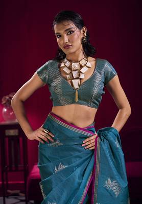 Teal blue satin linen handloom weaving silk blend saree 4