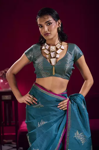 Teal blue satin linen handloom weaving silk blend saree