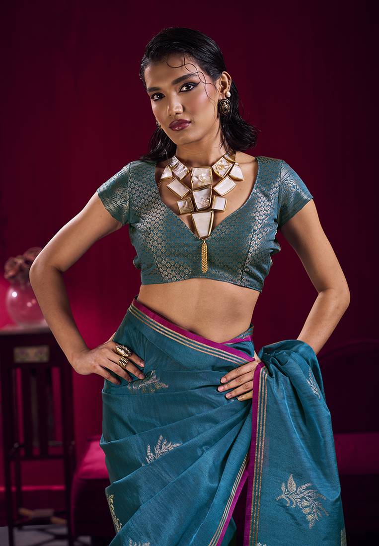 Teal blue satin linen handloom weaving silk blend saree