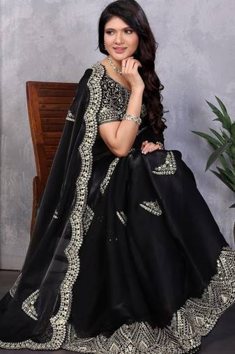 Black soft shimmer chiffon embroidery work designer party wear festive saree with unstitched blouse piece