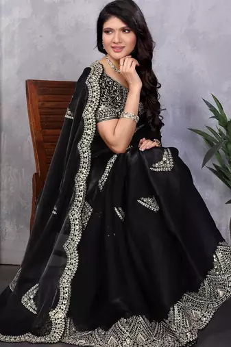 Black shimmer chiffon embroidery saree with unstitched blouse piece