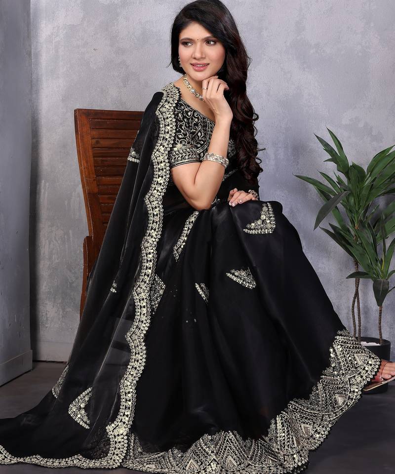 Black soft shimmer chiffon embroidery work designer party wear festive saree with unstitched blouse piece