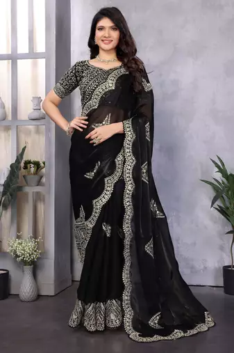 Black shimmer chiffon embroidery saree with unstitched blouse piece